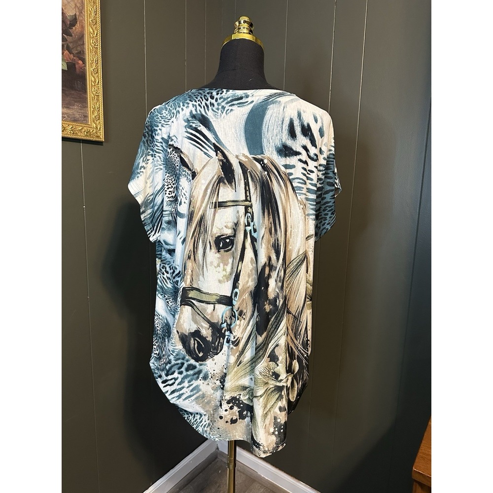 Horse Print Blue Cheetah Leopard Tunic Top‎ Short Sleeve One Size - Picture 4 of 7